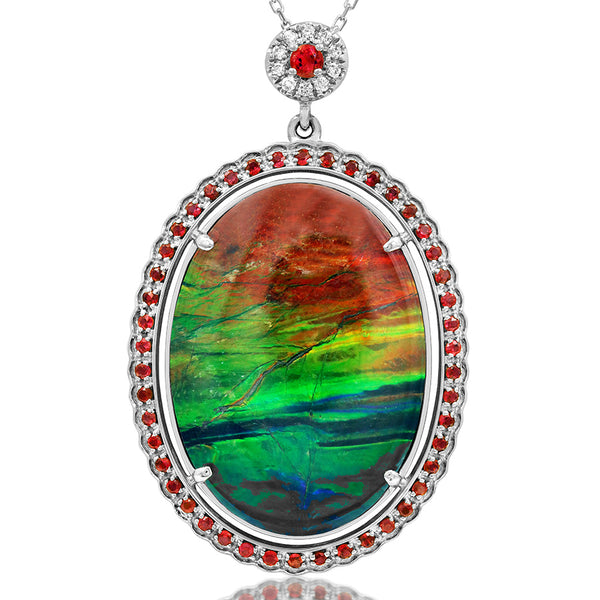 Ammolite Oval Shape Pendant with Diamond and Ruby Accent