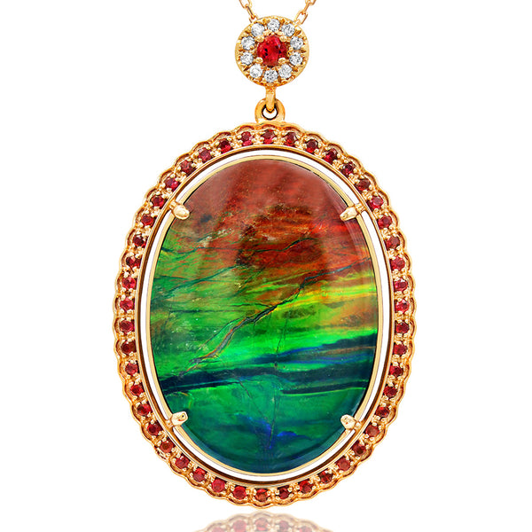 Ammolite Oval Shape Pendant with Diamond and Ruby Accent