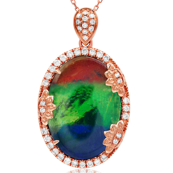 Ammolite Oval Shape Pendant with Diamond Floral Accent