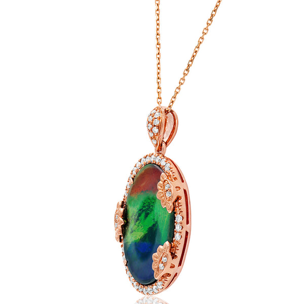 Ammolite Oval Shape Pendant with Diamond Floral Accent