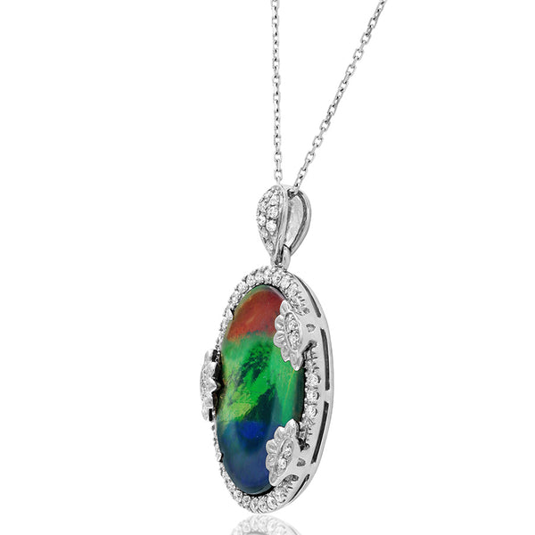 Ammolite Oval Shape Pendant with Diamond Floral Accent