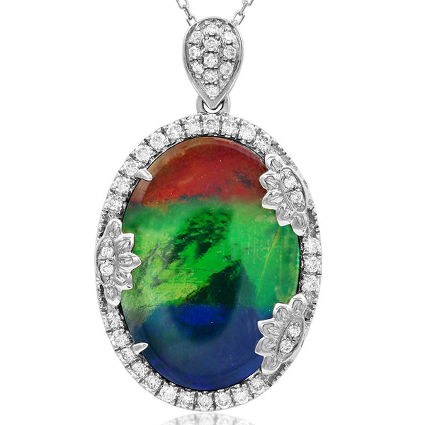 Ammolite Oval Shape Pendant with Diamond Floral Accent