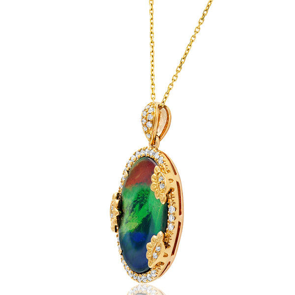 Ammolite Oval Shape Pendant with Diamond Floral Accent