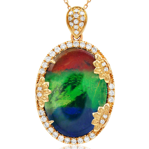 Ammolite Oval Shape Pendant with Diamond Floral Accent