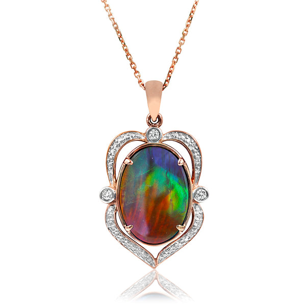 Ammolite Oval Shape Pendant with Diamonds and Illusion Accent Frame