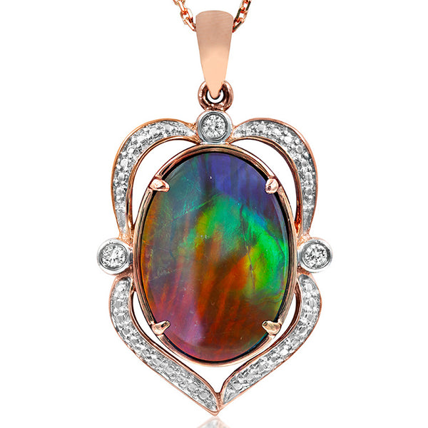 Ammolite Oval Shape Pendant with Diamonds and Illusion Accent Frame