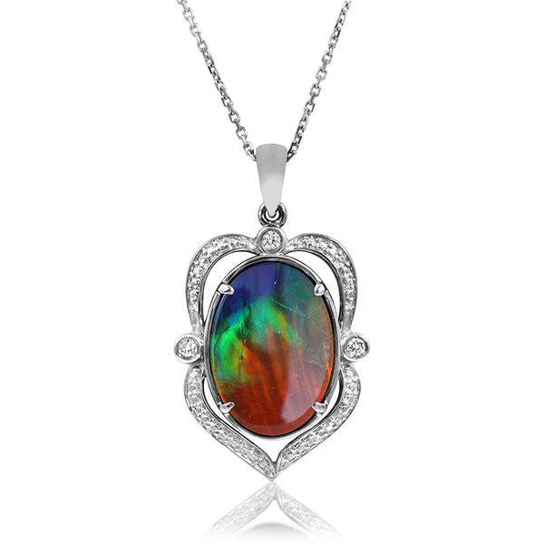 Ammolite Oval Shape Pendant with Diamonds and Illusion Accent Frame
