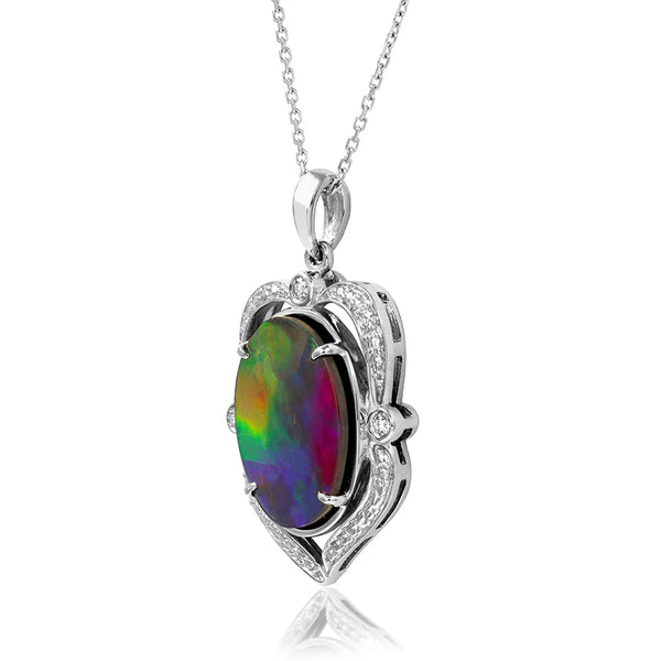 Ammolite Oval Shape Pendant with Diamonds and Illusion Accent Frame