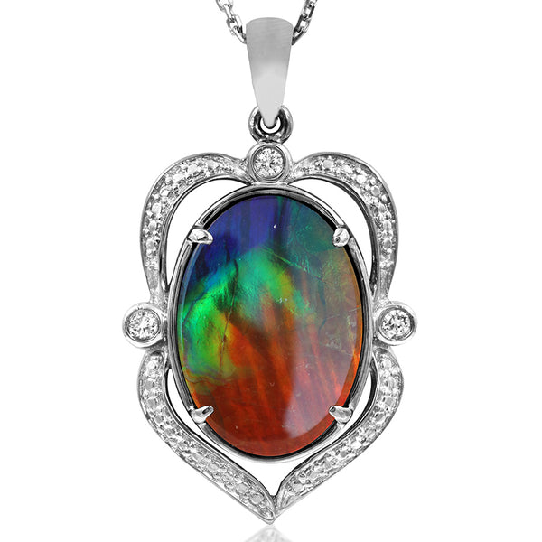 Ammolite Oval Shape Pendant with Diamonds and Illusion Accent Frame