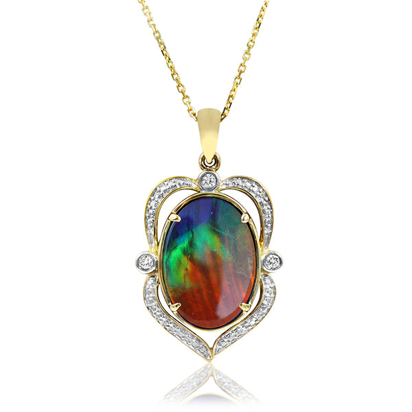 Ammolite Oval Shape Pendant with Diamonds and Illusion Accent Frame