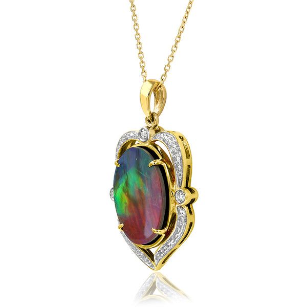 Ammolite Oval Shape Pendant with Diamonds and Illusion Accent Frame