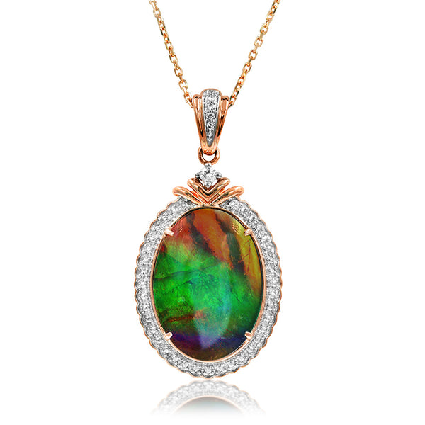 Ammolite Oval Shape Pendant with Diamond Accent and Illusion Frame