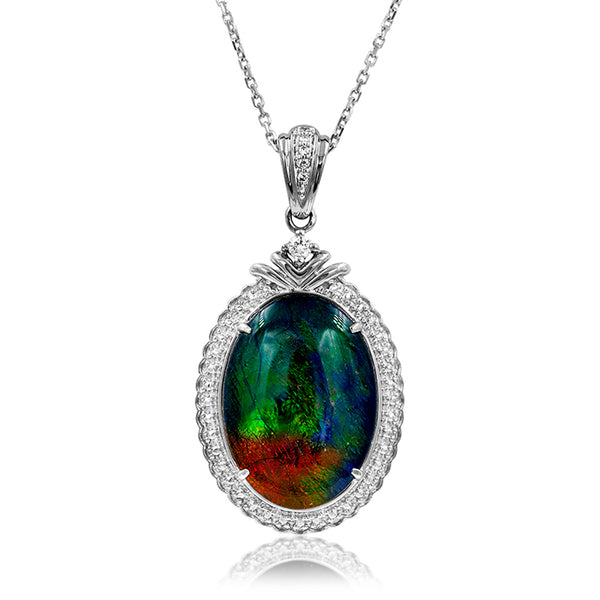 Ammolite Oval Shape Pendant with Diamond Accent and Illusion Frame