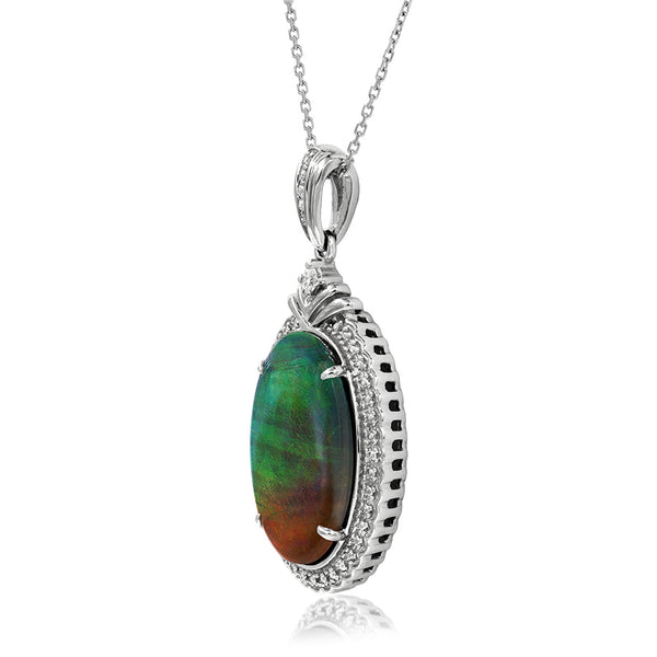 Ammolite Oval Shape Pendant with Diamond Accent and Illusion Frame
