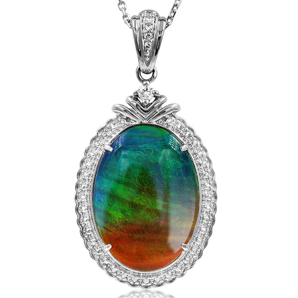 Ammolite Oval Shape Pendant with Diamond Accent and Illusion Frame