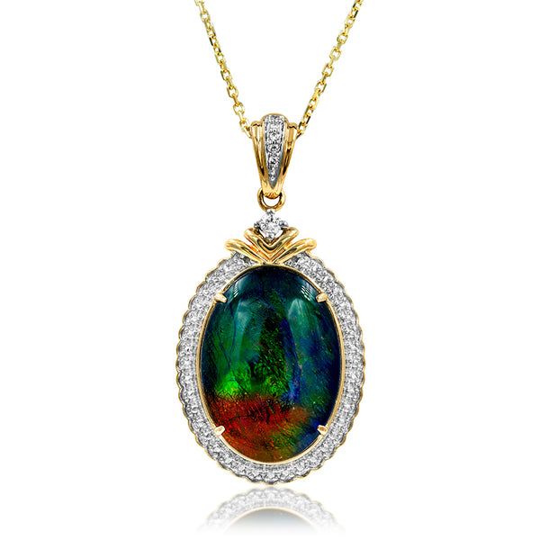Ammolite Oval Shape Pendant with Diamond Accent and Illusion Frame