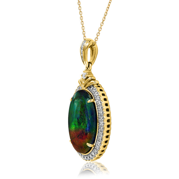 Ammolite Oval Shape Pendant with Diamond Accent and Illusion Frame
