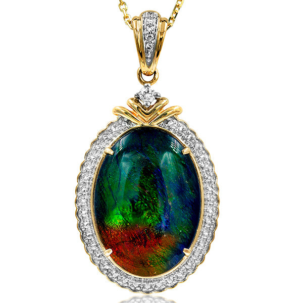 Ammolite Oval Shape Pendant with Diamond Accent and Illusion Frame