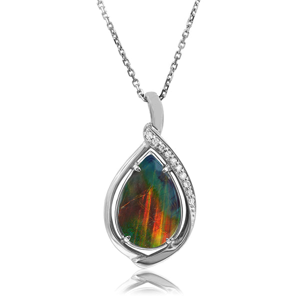 Ammolite Pear Shape Stone Pendant with Illusion Accent Frame