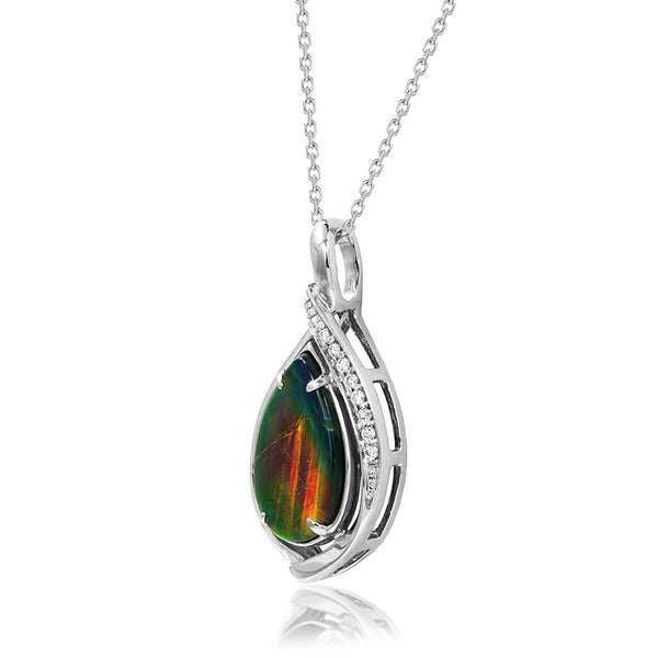 Ammolite Pear Shape Stone Pendant with Illusion Accent Frame