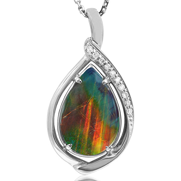 Ammolite Pear Shape Stone Pendant with Illusion Accent Frame