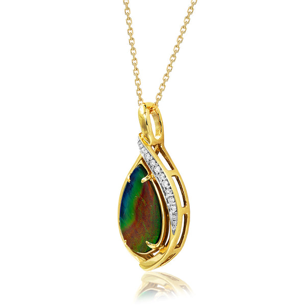 Ammolite Pear Shape Stone Pendant with Illusion Accent Frame
