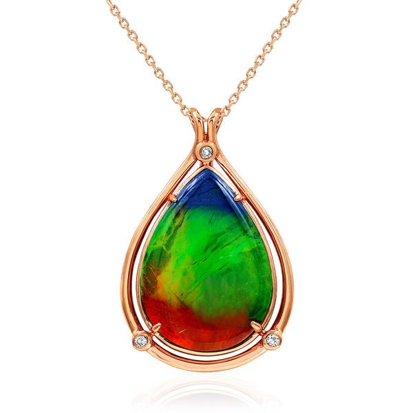 Ammolite Pear Cut Teardrop Pendant with Diamond Accent