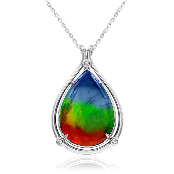 Ammolite Pear Cut Teardrop Pendant with Diamond Accent