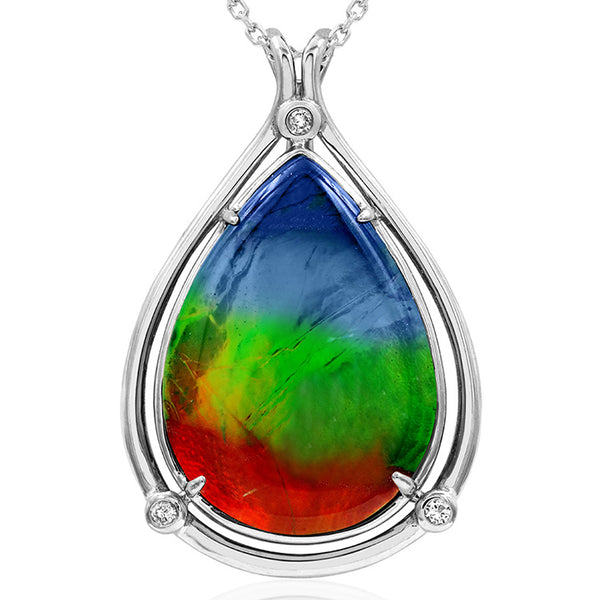Ammolite Pear Cut Teardrop Pendant with Diamond Accent