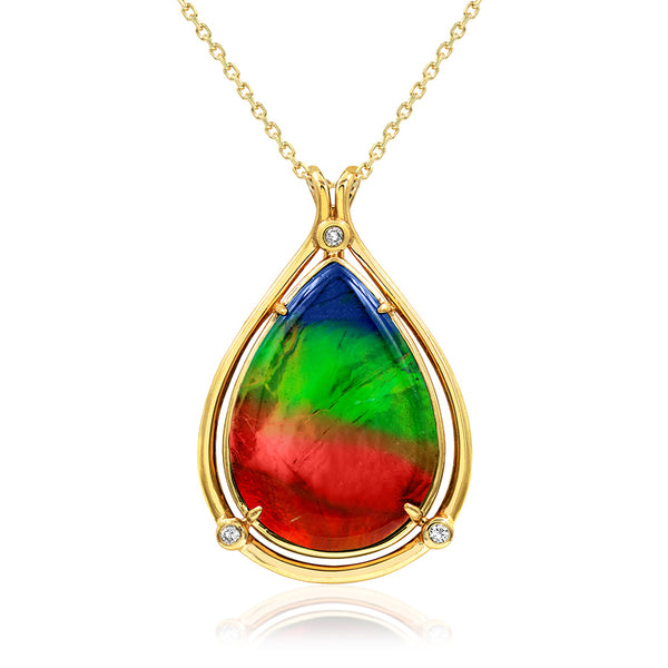 Ammolite Pear Cut Teardrop Pendant with Diamond Accent