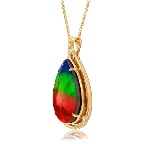 Ammolite Pear Cut Teardrop Pendant with Diamond Accent