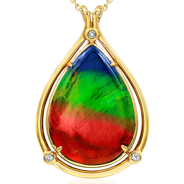 Ammolite Pear Cut Teardrop Pendant with Diamond Accent