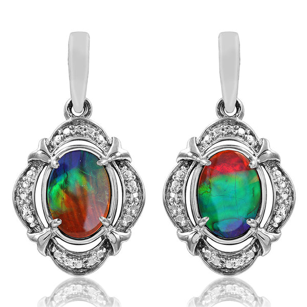 Ammolite Oval Shape Earrings with Diamond Frame