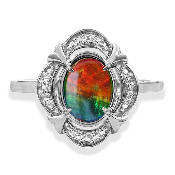 Ammolite Oval Shaped Ring with Decorative Illusion Frame