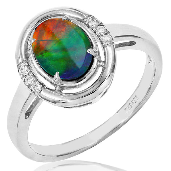 Ammolite Oval Shaped Ring with Diamond Accent