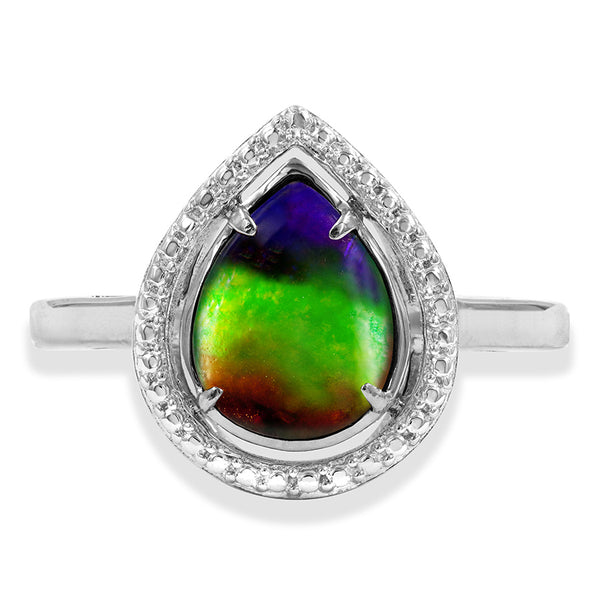 Ammolite Pear Shape Ring with Decorative Illusion Frame
