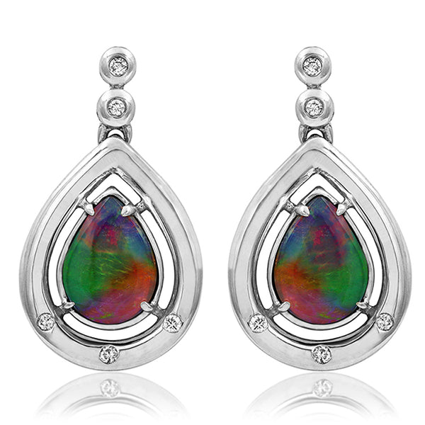Ammolite Pear Shaped Drop Earrings with Diamond Accent