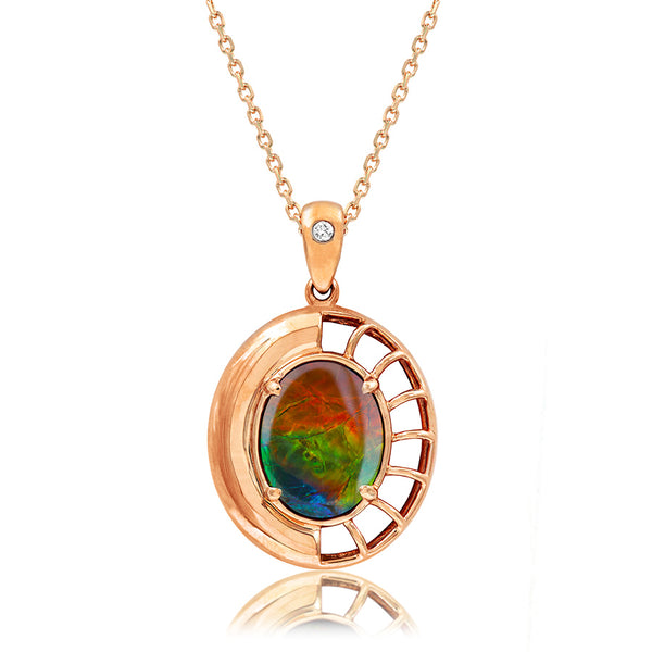 Ammolite Oval Shaped Nautilus Shell Pendant with Diamond Accent