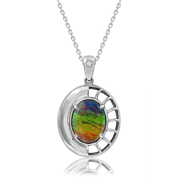 Ammolite Oval Shaped Nautilus Shell Pendant with Diamond Accent