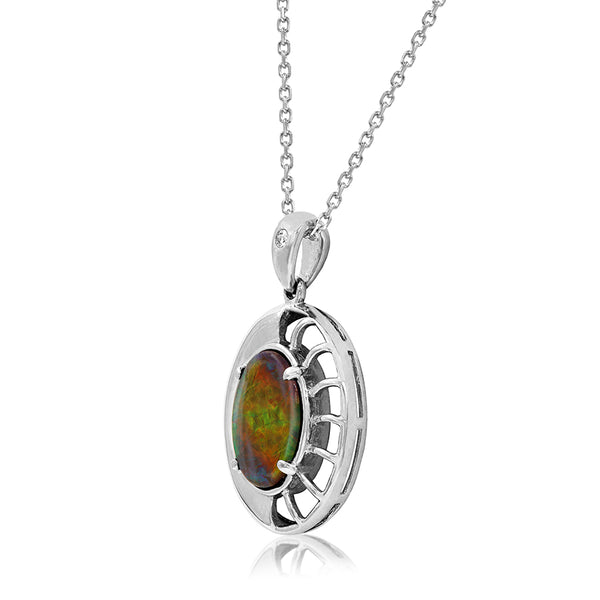 Ammolite Oval Shaped Nautilus Shell Pendant with Diamond Accent