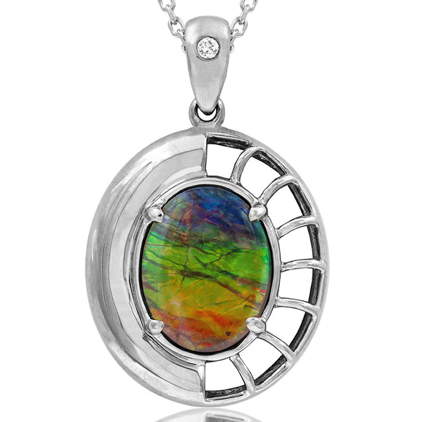 Ammolite Oval Shaped Nautilus Shell Pendant with Diamond Accent
