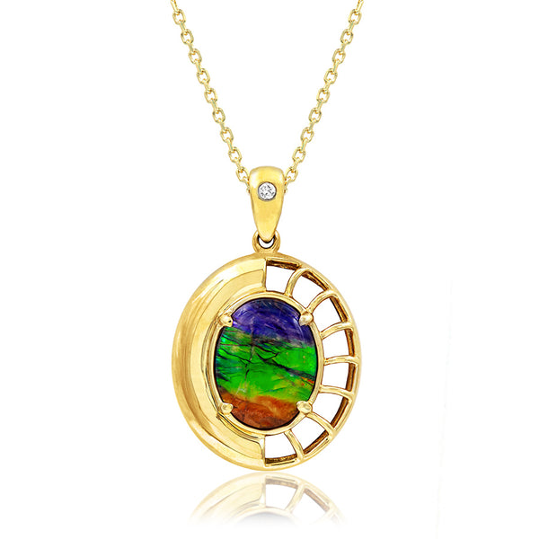 Ammolite Oval Shaped Nautilus Shell Pendant with Diamond Accent