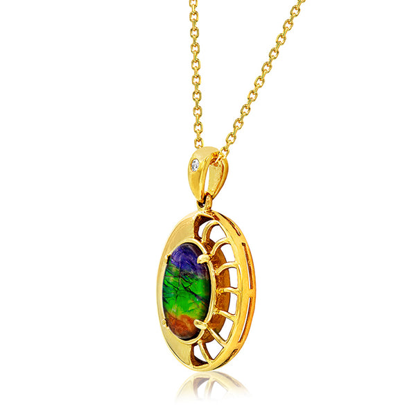 Ammolite Oval Shaped Nautilus Shell Pendant with Diamond Accent