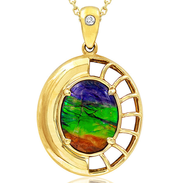 Ammolite Oval Shaped Nautilus Shell Pendant with Diamond Accent