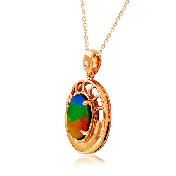 Ammolite Oval Shaped Nautilus Shell Pendant with Diamond Accent