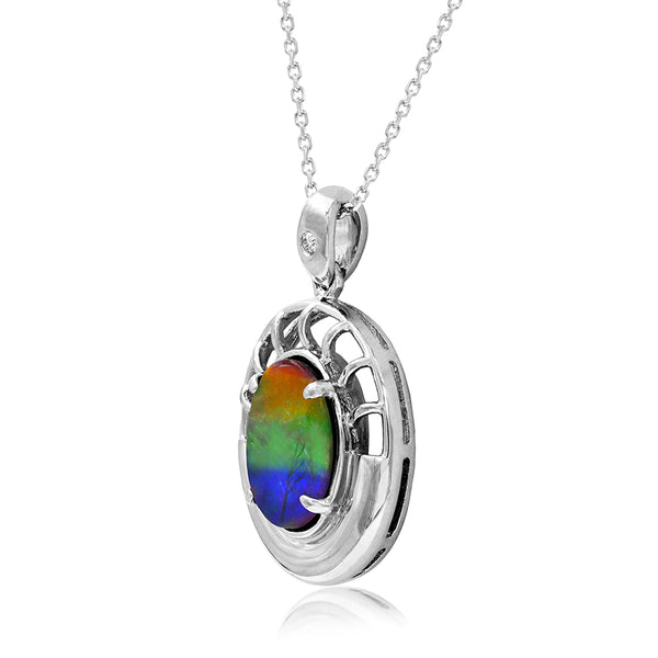 Ammolite Oval Shaped Nautilus Shell Pendant with Diamond Accent