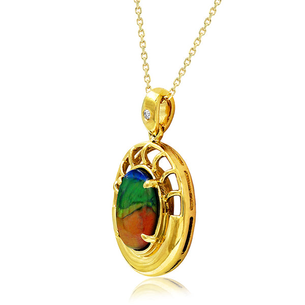 Ammolite Oval Shaped Nautilus Shell Pendant with Diamond Accent