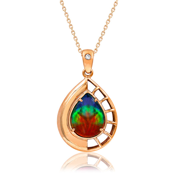 Ammolite Pear Shaped Nautilus Shell Pendant with Diamond Accent