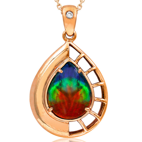 Ammolite Pear Shaped Nautilus Shell Pendant with Diamond Accent