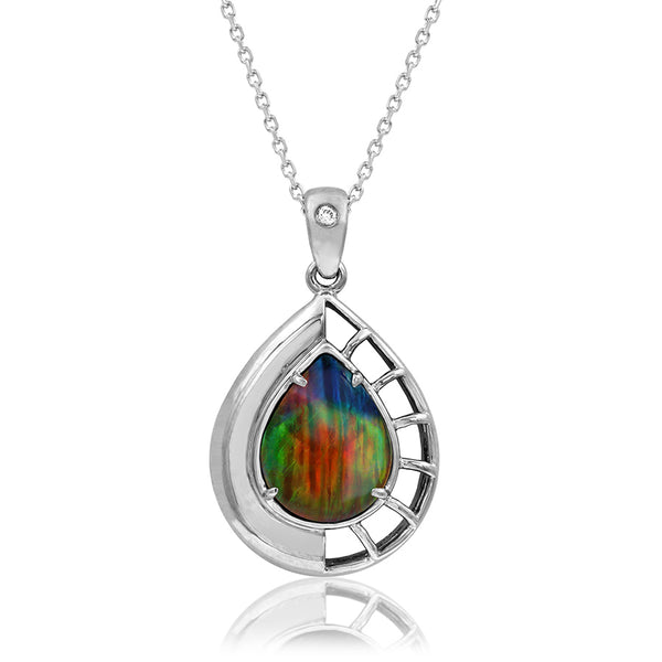 Ammolite Pear Shaped Nautilus Shell Pendant with Diamond Accent